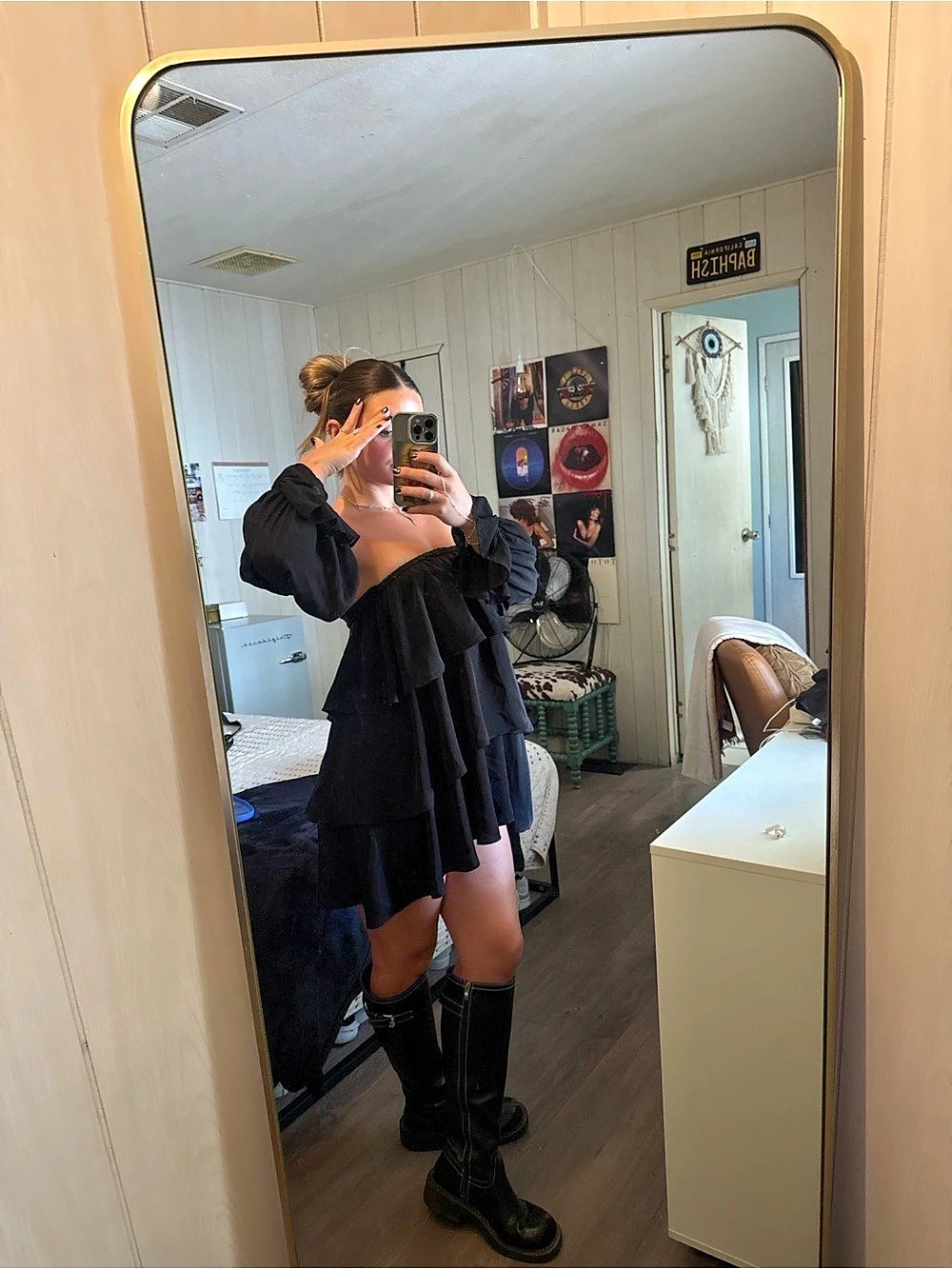 Black Off-Shoulder Ruffle Mini Dress